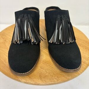 TOMS Leila Tassel Black Suede Mule Slip-on Clogs 2.5" Wood Chunky Heel Sz 8 EUC